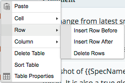 Screenshot of the Table context menu's Row submenu